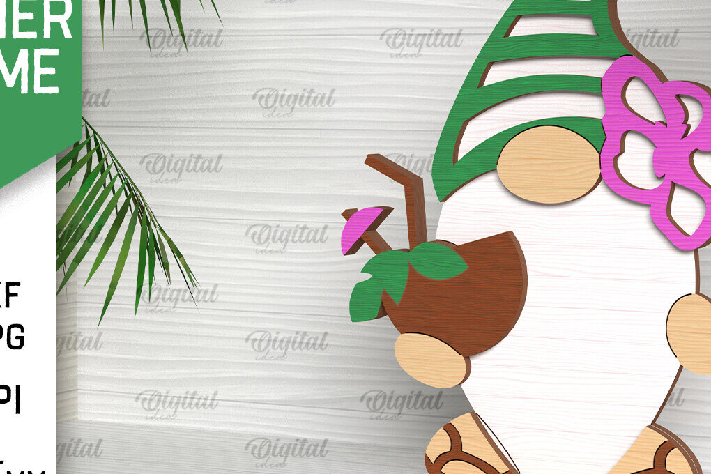 Σετ των 2 Intra απο ξύλο plywood 3mm-4mm πάχος – Καλοκαιρινό Gnome. 3D Layered Gnome Laser Δίασταση  20x20 cm INTRAFABR-96585479