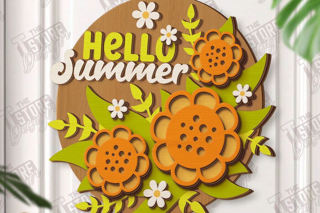 Σετ των 2 Intra απο ξύλο plywood 3mm-4mm πάχος – Καλοκαιρινές στρογγυλές πινακίδες κοπής με λέιζερ | Επιτοίχιο σημάδι Δίασταση  20x20 cm INTRAFABR-120188926