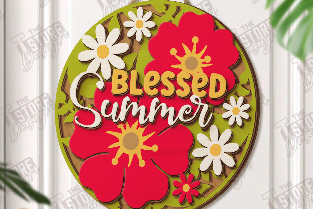 Σετ των 2 Intra απο ξύλο plywood 3mm-4mm πάχος – Καλοκαιρινές στρογγυλές πινακίδες κοπής με λέιζερ | Επιτοίχιο σημάδι Δίασταση  20x20 cm INTRAFABR-120188938