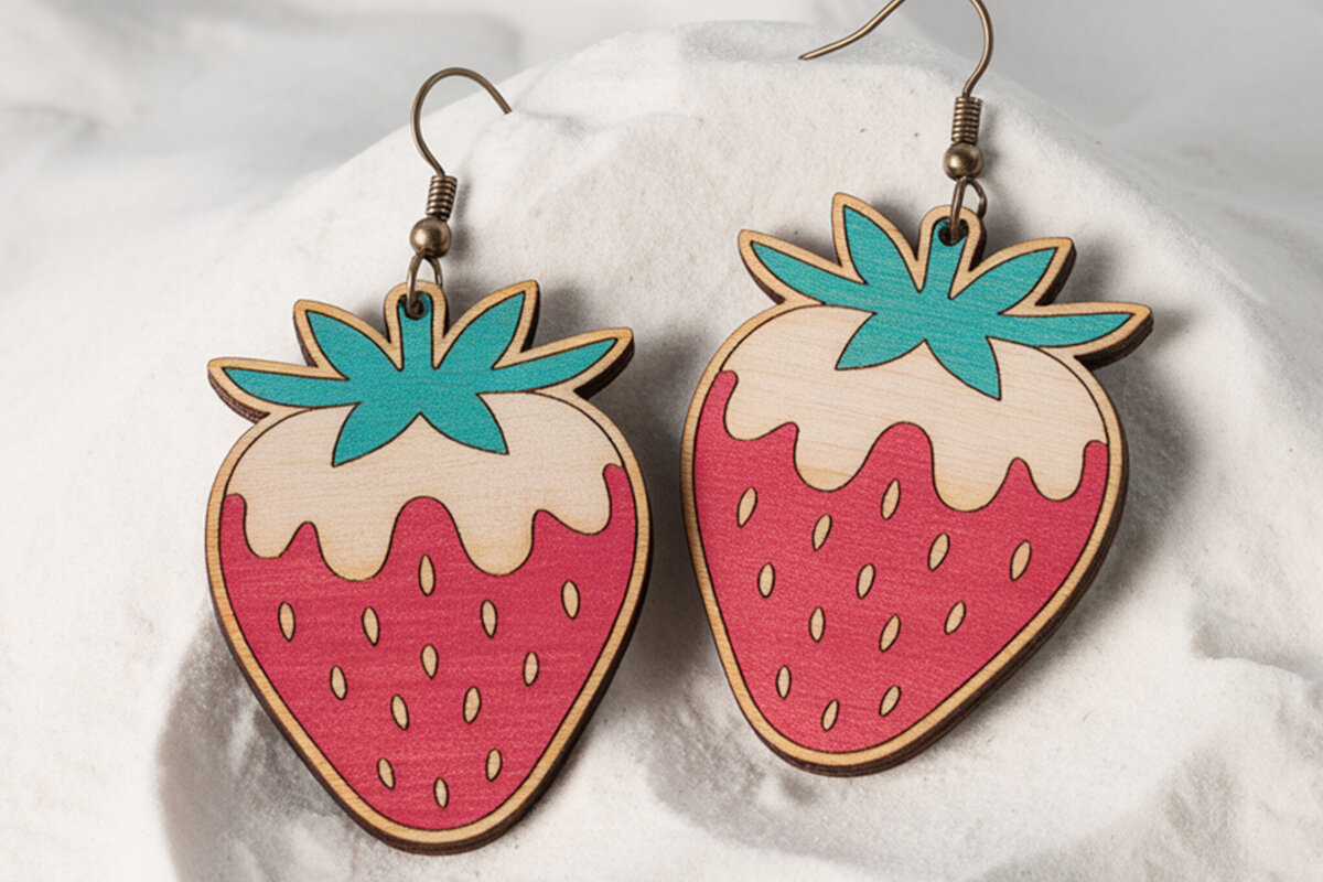 Σετ των 3 Intra απο ξύλο plywood 3mm-4mm πάχος – Καλοκαιρινά σκουλαρίκια φράουλα Δίασταση  5x5 cm INTRAFABR-121577057