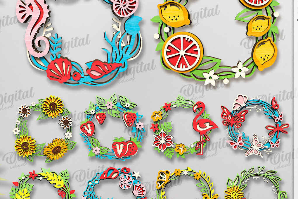 Σετ των 2 Intra απο ξύλο plywood 3mm-4mm πάχος – Καλοκαιρινά Στεφάνια Πακέτο κοπής με λέιζερ Δίασταση  20x20 cm INTRAFABR-123422457