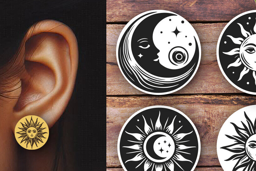 Σετ των 3 Intra απο ξύλο plywood 3mm-4mm πάχος – Σκουλαρίκια Sun and Moon Δίασταση  5x5 cm INTRAFABR-120362344