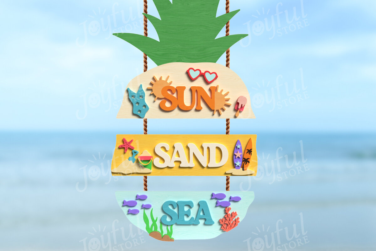 Σετ των 2 Intra απο ξύλο plywood 3mm-4mm πάχος – Sun Sand Sea Pineapple Δίασταση  20x20 cm INTRAFABR-122186054