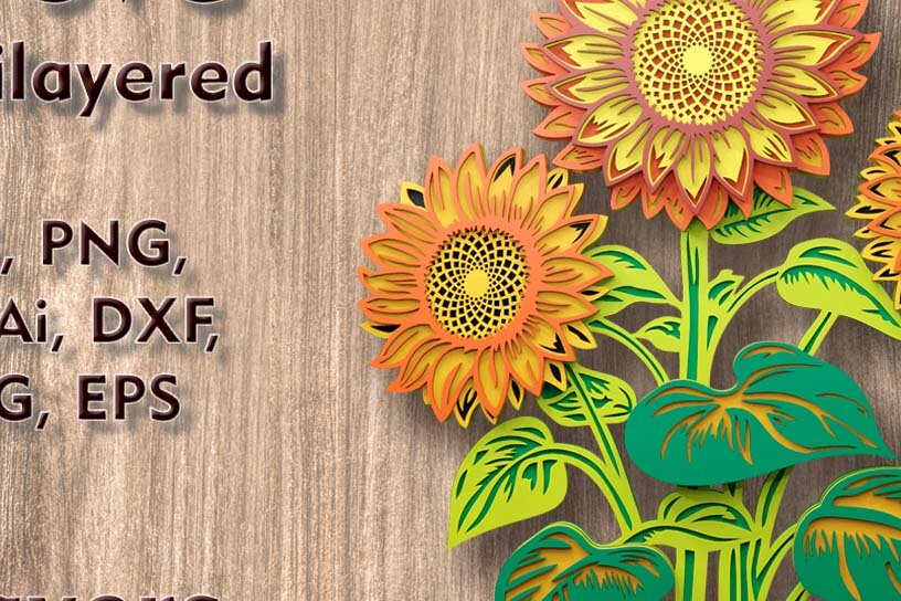 Σετ των 2 Intra απο ξύλο plywood 3mm-4mm πάχος – Αρχείο κοπής πολλαπλών επιπέδων Sunflower 3D Δίασταση  20x20 cm INTRAFABR-108944019