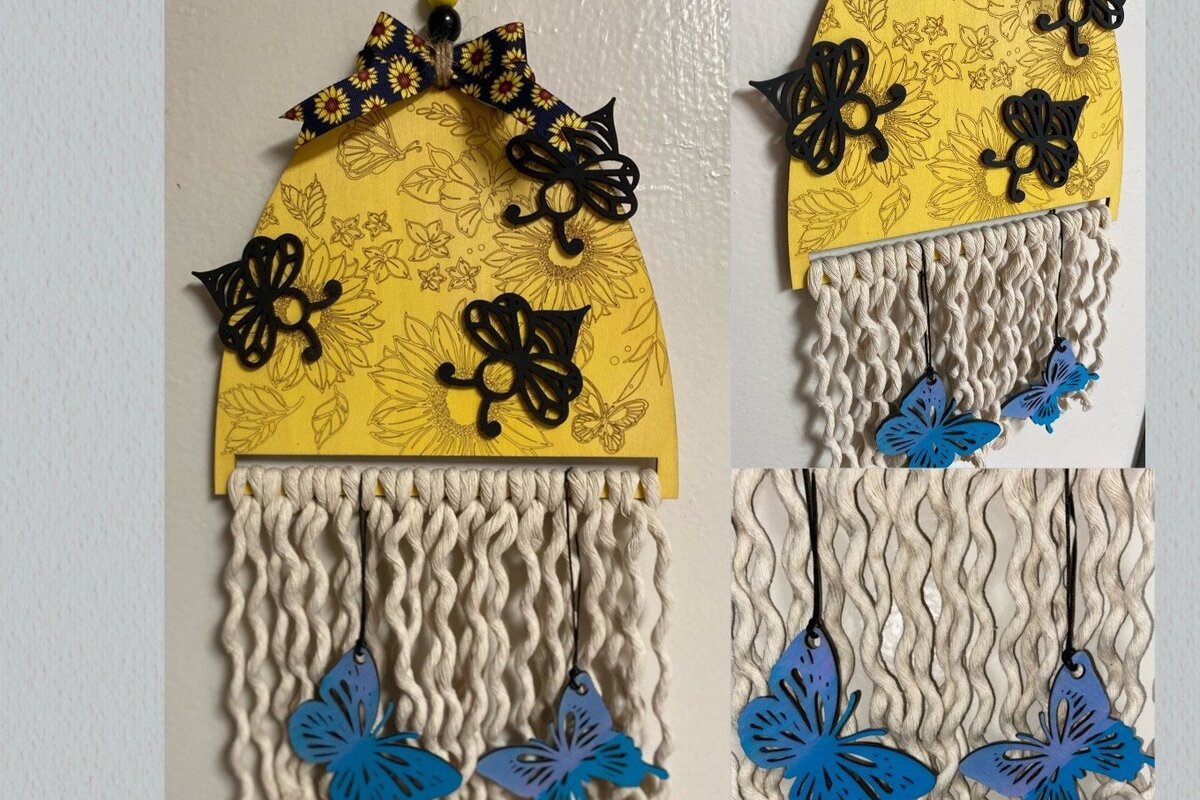 Σετ των 2 Intra απο ξύλο plywood 3mm-4mm πάχος – Laser Sunflower and Bee Macrame Δίασταση  20x20 cm INTRAFABR-31111220