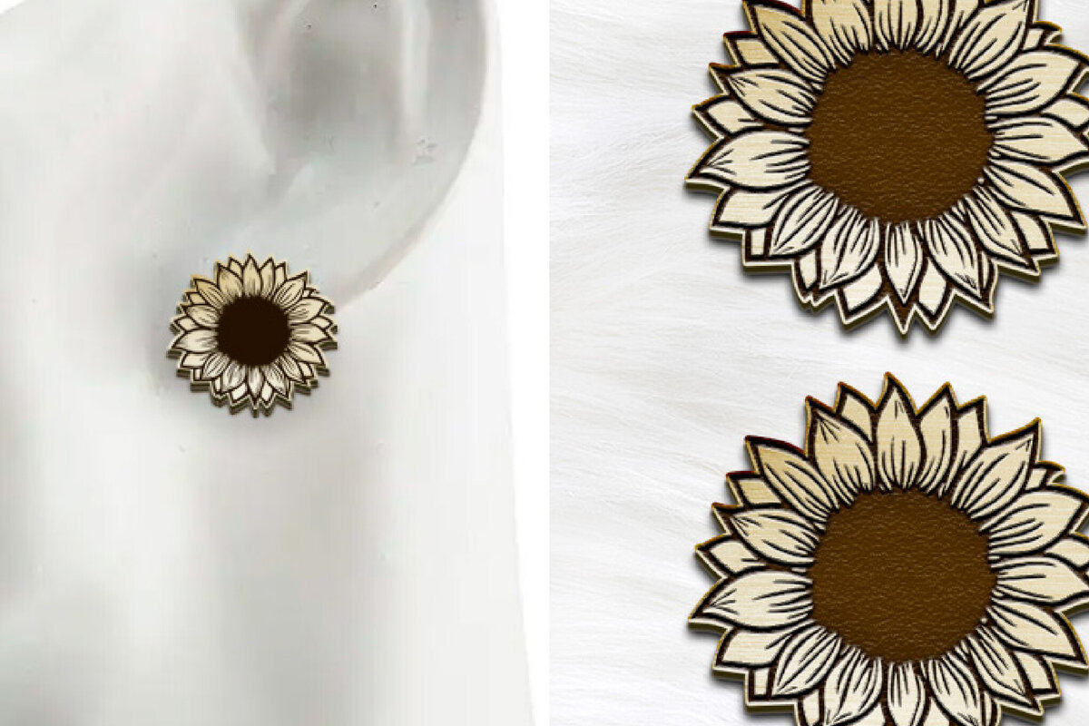 Σετ των 3 Intra απο ξύλο plywood 3mm-4mm πάχος – Σκουλαρίκια ηλίανθου Boho με λέιζερ. Δίασταση  5x5 cm INTRAFABR-123387940