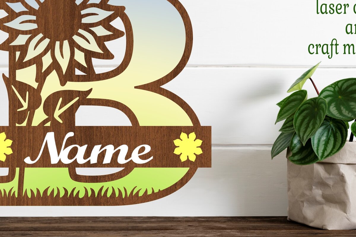 Σετ των 2 Intra απο ξύλο plywood 3mm-4mm πάχος – Μονόγραμμα ηλίανθου κεφαλαίο Γράμμα B Δίασταση  20x20 cm INTRAFABR-75965020