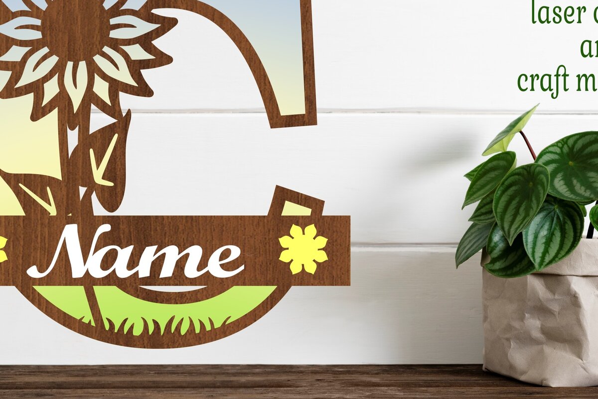 Σετ των 2 Intra απο ξύλο plywood 3mm-4mm πάχος – Μονόγραμμα ηλίανθου κεφαλαίο Γράμμα C Δίασταση  20x20 cm INTRAFABR-75965039