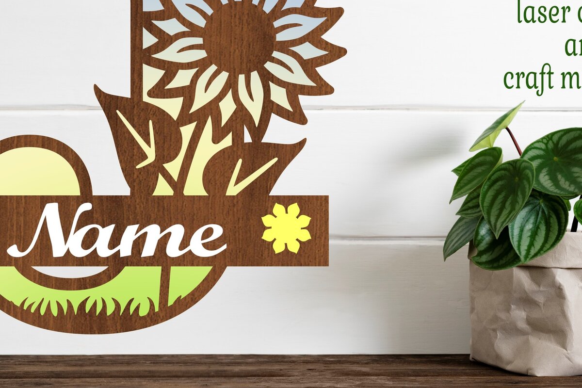 Σετ των 2 Intra απο ξύλο plywood 3mm-4mm πάχος – Μονόγραμμα Ηλίανθου Επιστολή J Δίασταση  20x20 cm INTRAFABR-75965217