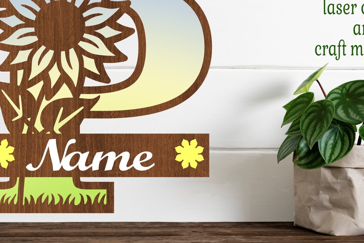 Σετ των 2 Intra απο ξύλο plywood 3mm-4mm πάχος – Μονόγραμμα ηλίανθου κεφαλαίο Γράμμα P Δίασταση  20x20 cm INTRAFABR-75965408