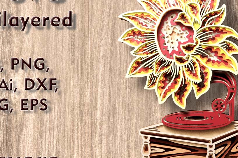 Σετ των 2 Intra απο ξύλο plywood 3mm-4mm πάχος – Ηλίανθος γραμμόφωνο 3D Πολυστρωματικό Δίασταση  20x20 cm INTRAFABR-109489506