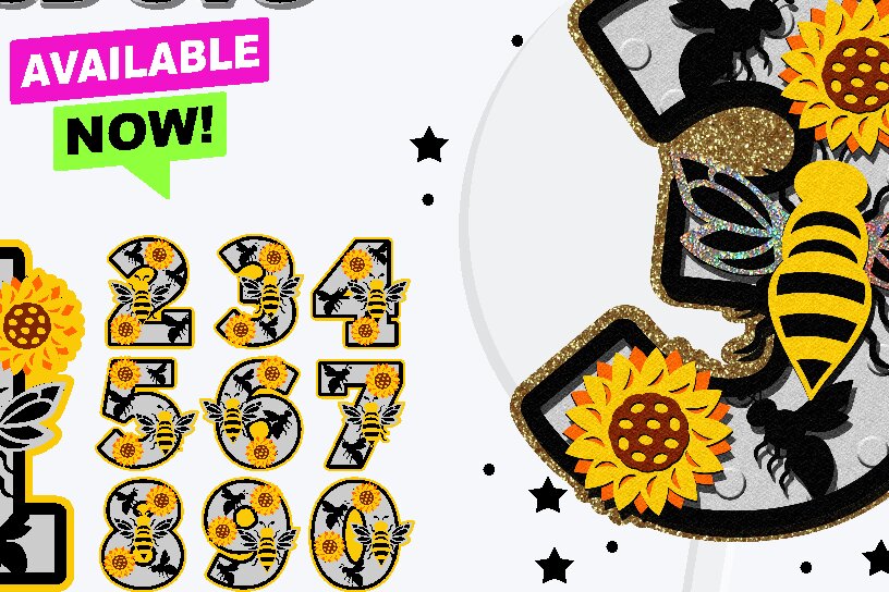 Σετ των 2 Intra απο ξύλο plywood 3mm-4mm πάχος – Sunflowers, Bee the Sunshine Numbers 3D Δίασταση  20x20 cm INTRAFABR-75828448