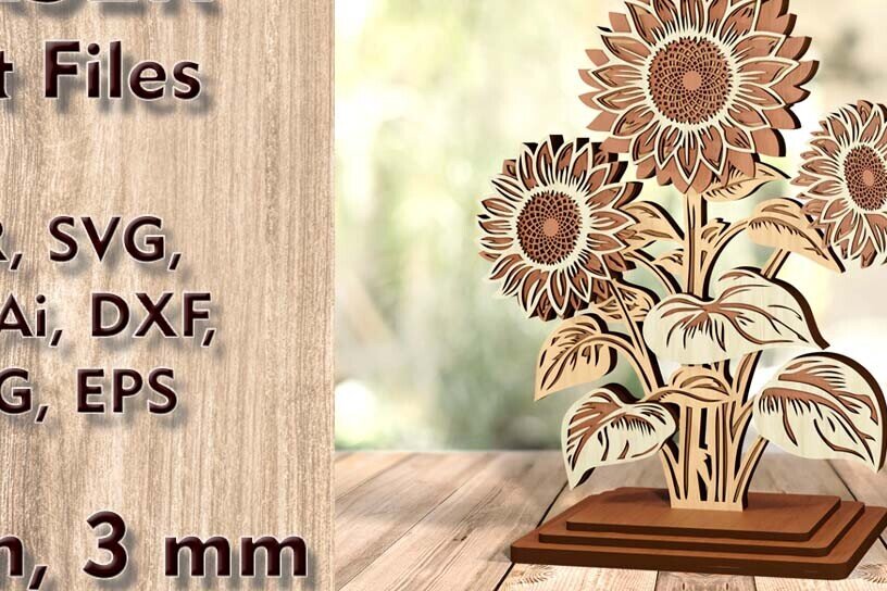 Σετ των 2 Intra απο ξύλο plywood 3mm-4mm πάχος – Ηλιοτρόπια κομμένα αρχεία με λέιζερ Διακόσμηση τραπεζιού Δίασταση  20x20 cm INTRAFABR-122928097