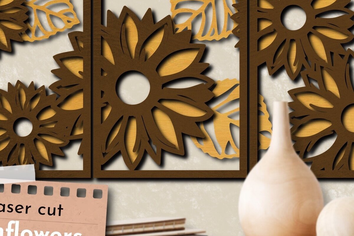 Σετ των 2 Intra απο ξύλο plywood 3mm-4mm πάχος – Sunflowers Διακόσμηση Τοίχου Σετ 3 τεμαχίων, με στρώσεις Δίασταση  40x30 cm INTRAFABR-68584907