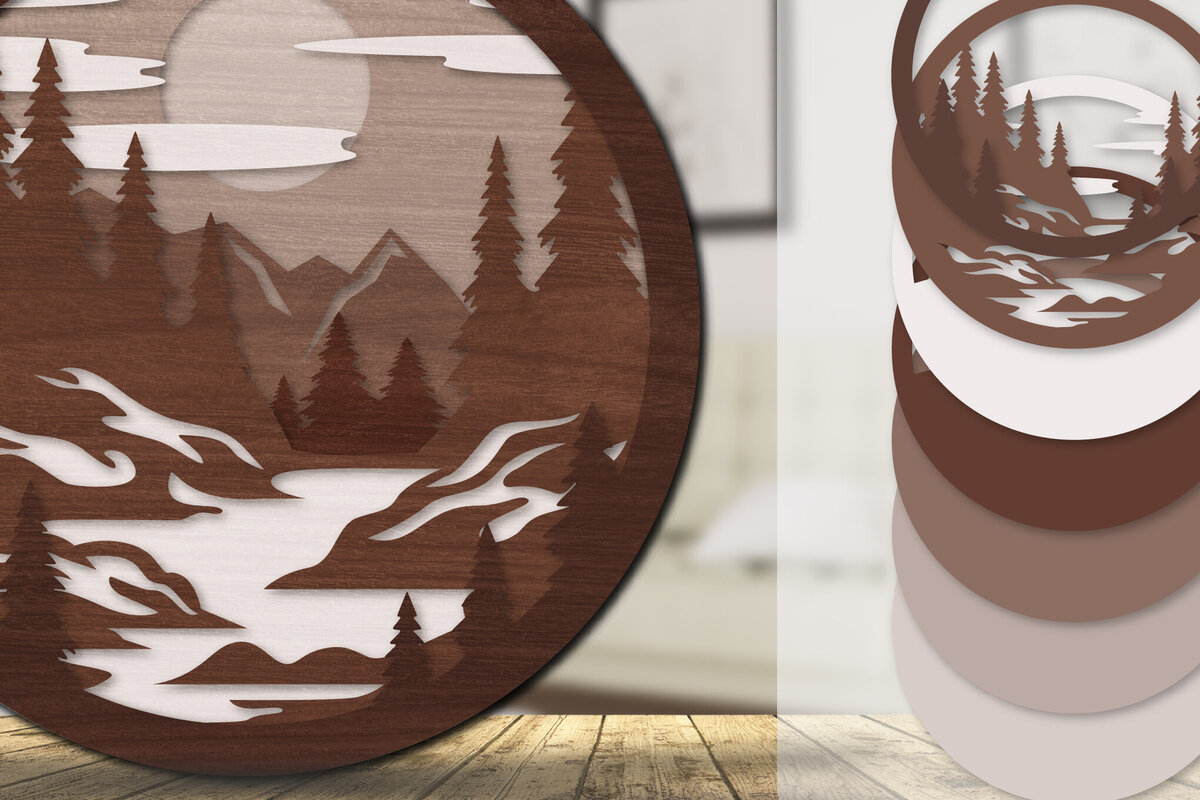 Σετ των 2 Intra απο ξύλο plywood 3mm-4mm πάχος – Sunset Mountain 3D Lasercut Lasercut Δίασταση  20x20 cm INTRAFABR-113242911