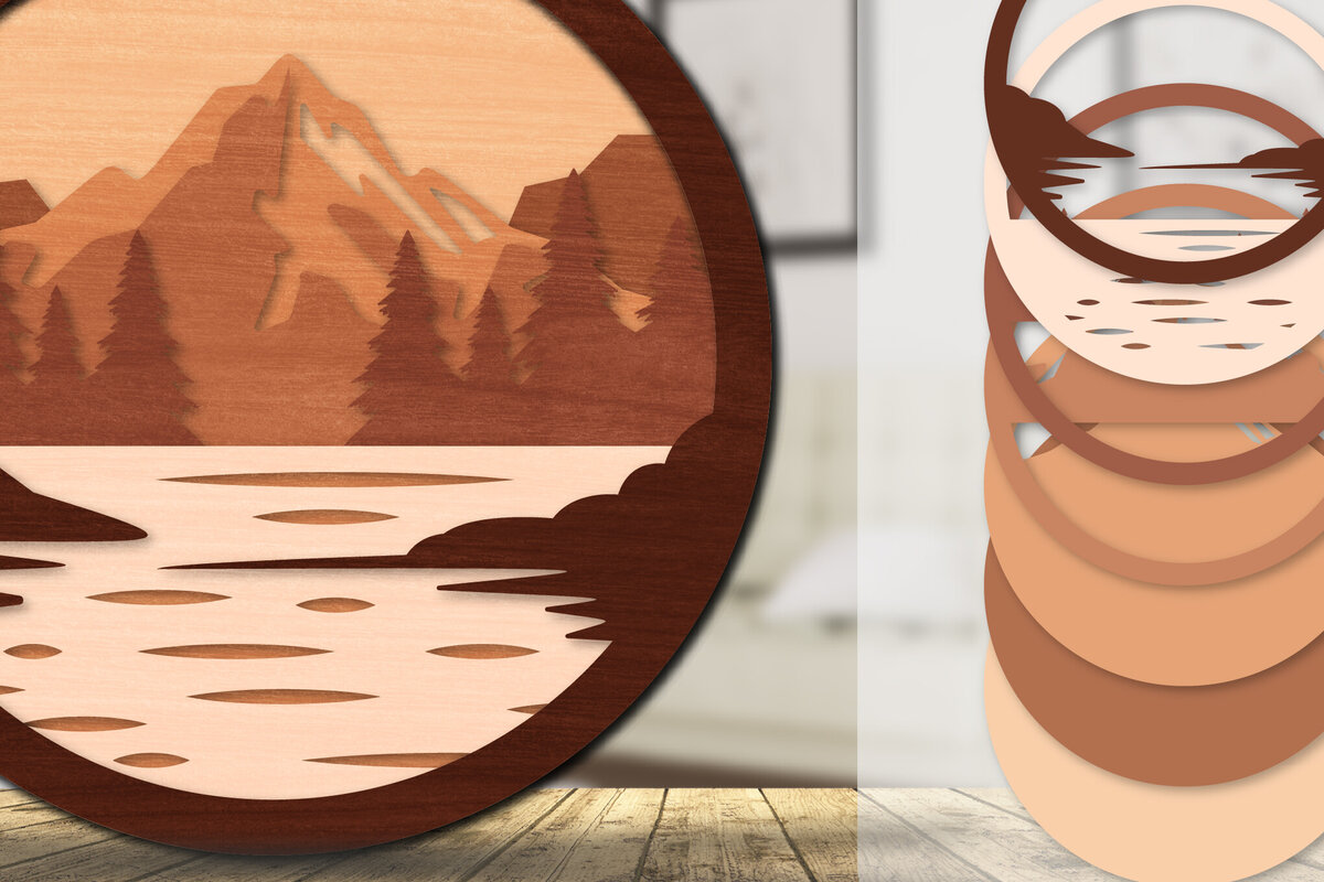 Σετ των 2 Intra απο ξύλο plywood 3mm-4mm πάχος – Sunset Mountain 3D Lasercut Lasercut Δίασταση  20x20 cm INTRAFABR-113242920