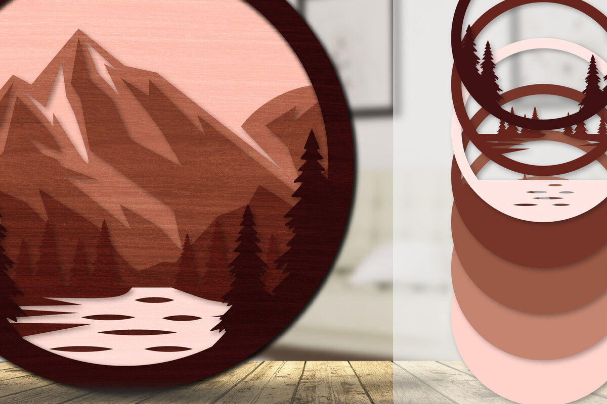 Σετ των 2 Intra απο ξύλο plywood 3mm-4mm πάχος – Sunset Mountain 3D Lasercut Lasercut Δίασταση  20x20 cm INTRAFABR-113242927