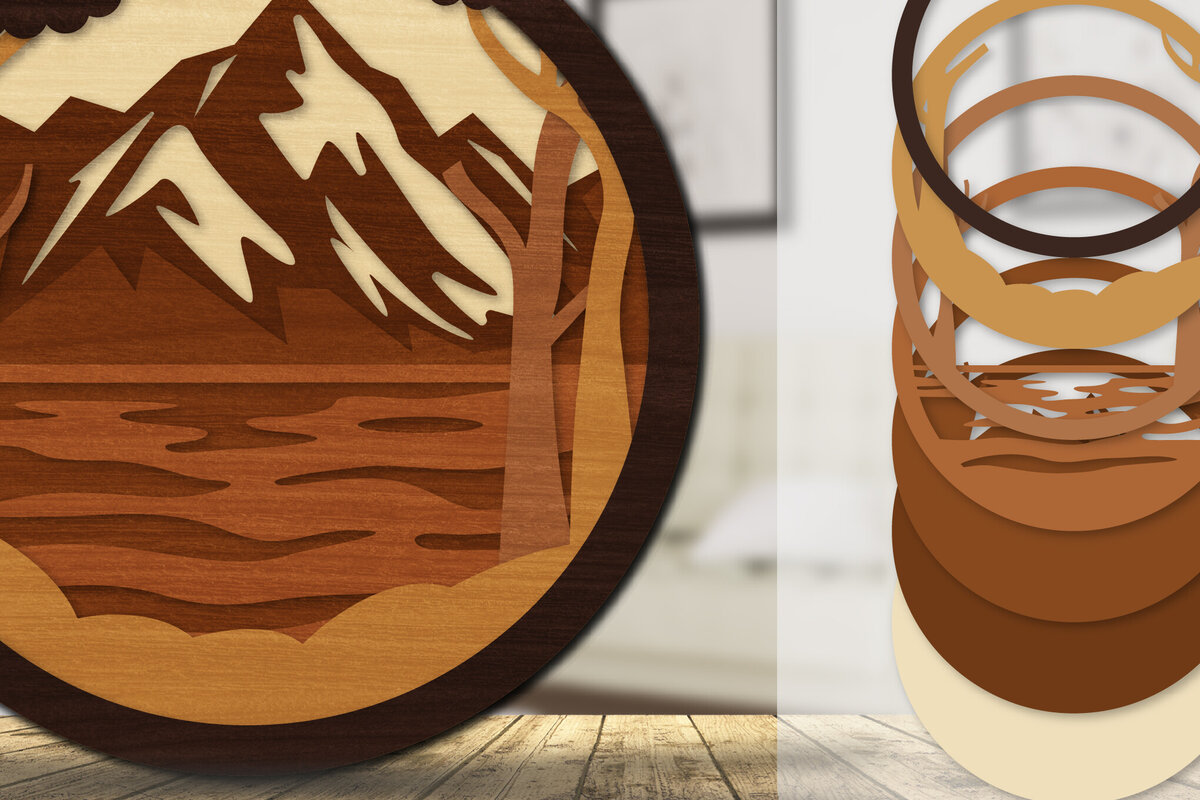 Σετ των 2 Intra απο ξύλο plywood 3mm-4mm πάχος – Sunset Mountain 3D Lasercut Lasercut Δίασταση  20x20 cm INTRAFABR-113242901