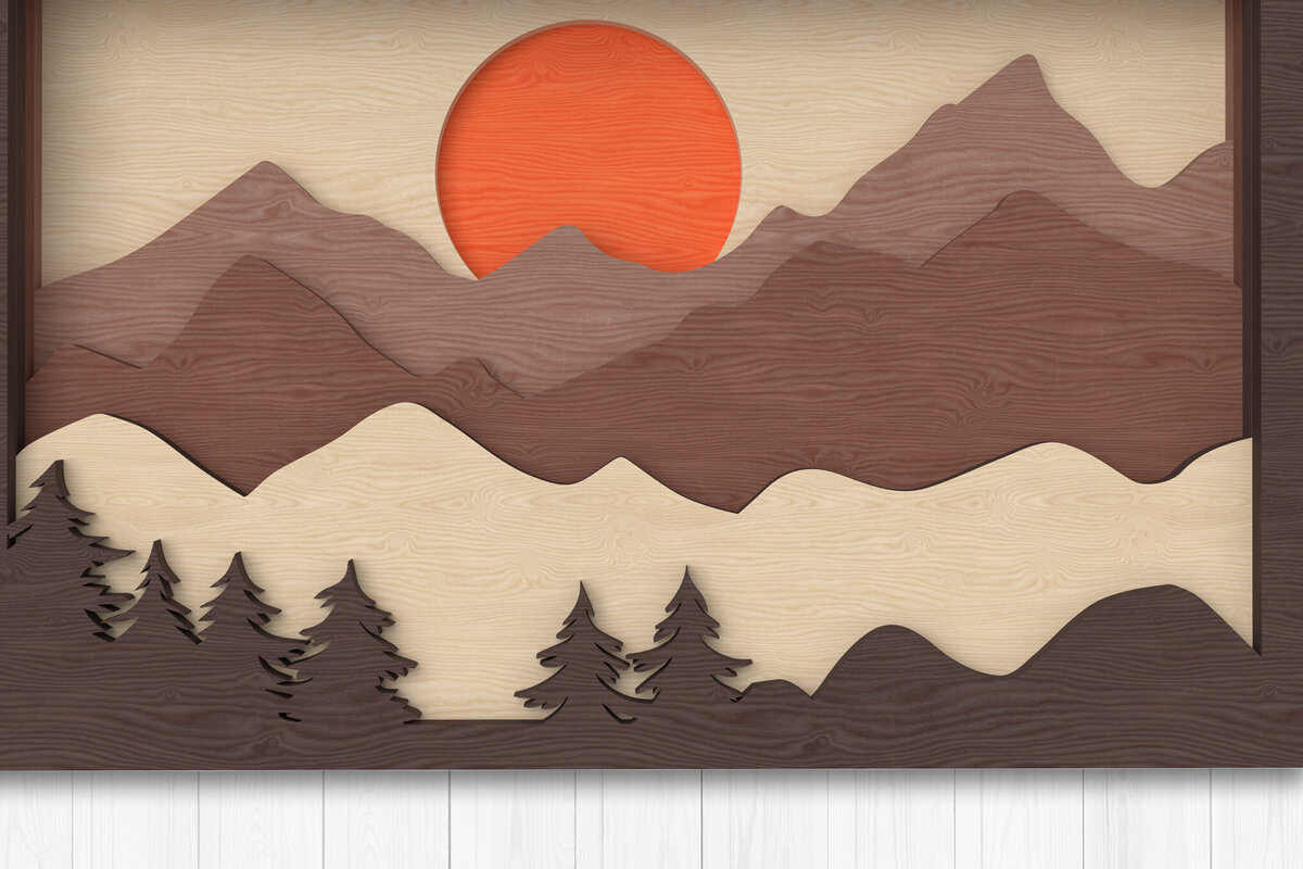 Σετ των 2 Intra απο ξύλο plywood 3mm-4mm πάχος – Ηλιοβασίλεμα με πολυεπίπεδη σκηνή στο βουνό Δίασταση  20x20 cm INTRAFABR-112568196