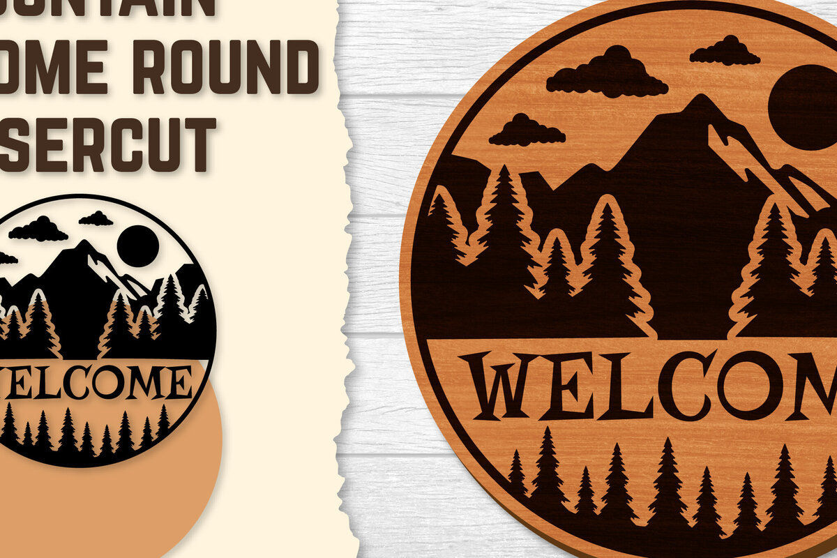 Intra απο ξύλο plywood 3mm-4mm πάχος – Sunset Mountain Welcome Sign Round Laser Δίασταση  40x30 cm INTRAFABR-118569026