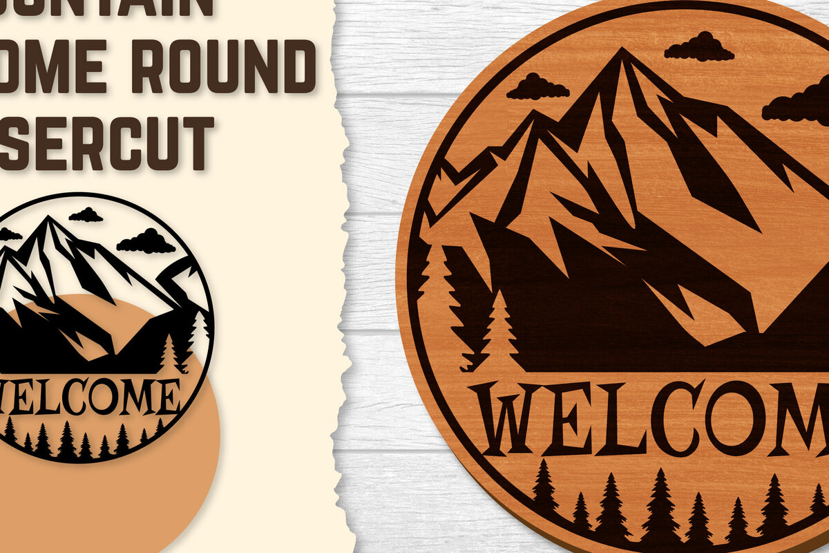 Intra απο ξύλο plywood 3mm-4mm πάχος – Sunset Mountain Welcome Sign Round Laser Δίασταση  40x30 cm INTRAFABR-118569030