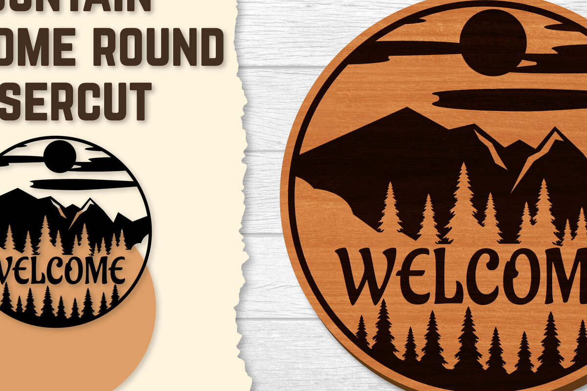 Intra απο ξύλο plywood 3mm-4mm πάχος – Sunset Mountain Welcome Sign Round Laser Δίασταση  40x30 cm INTRAFABR-118569034