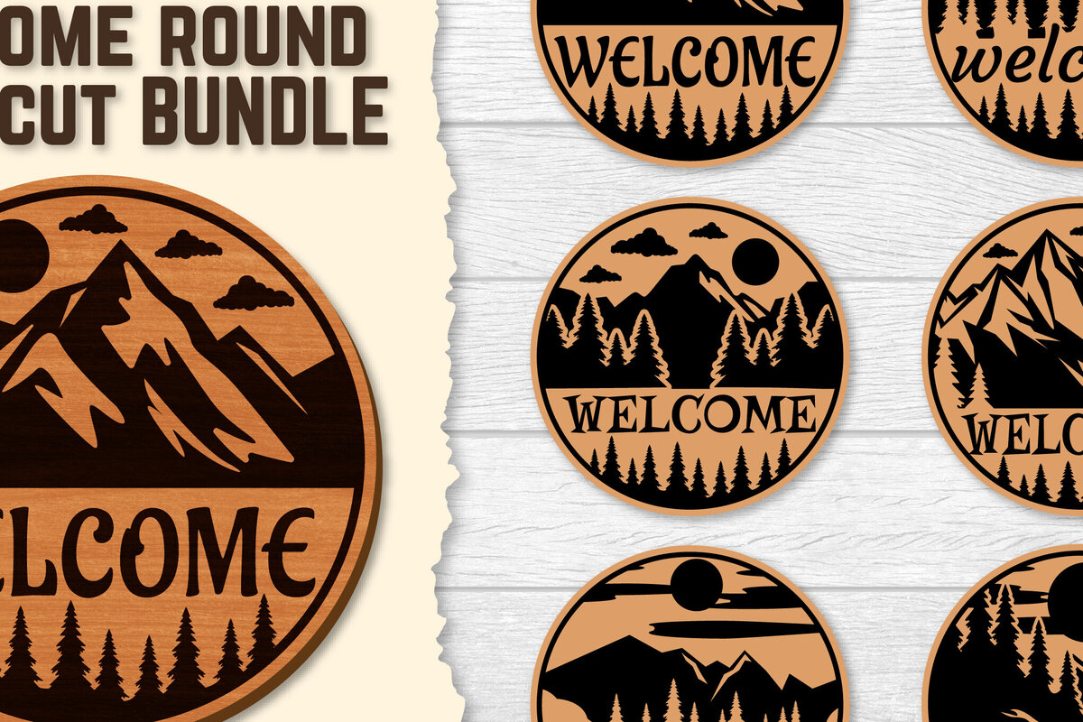 Intra απο ξύλο plywood 3mm-4mm πάχος – Sunset Mountain Welcome Sign Round Laser Δίασταση  40x30 cm INTRAFABR-118569041