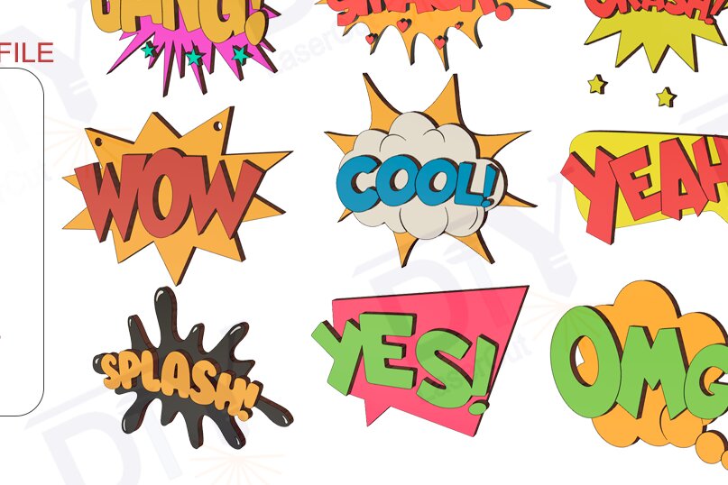 Σετ των 2 Intra απο ξύλο plywood 3mm-4mm πάχος – Σημάδια κόμικ Super Hero Δίασταση  20x20 cm INTRAFABR-109867050