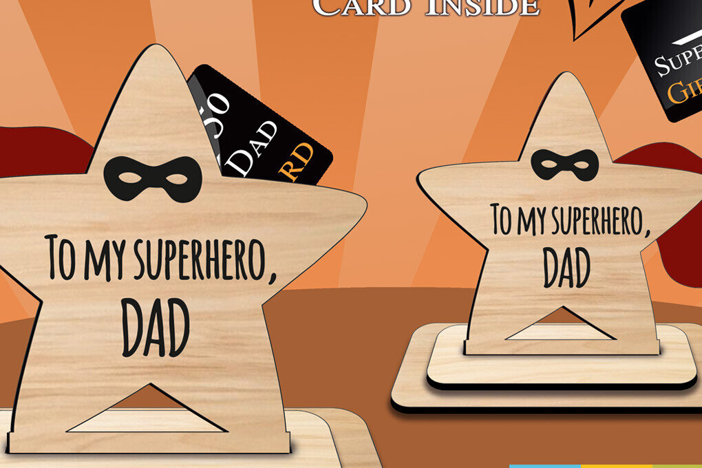 Σετ των 2 Intra απο ξύλο plywood 3mm-4mm πάχος – Κάτοχος δωροκάρτας για την Ημέρα του Πατέρα Superhero Δίασταση  20x20 cm INTRAFABR-103465321