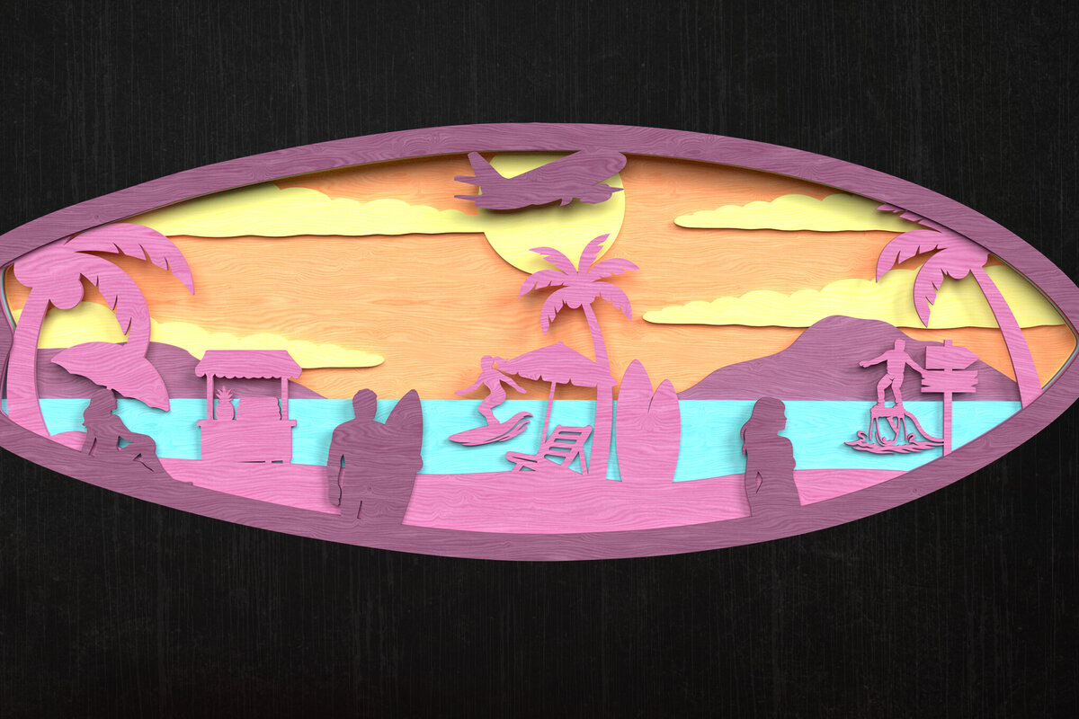 Σετ των 2 Intra απο ξύλο plywood 3mm-4mm πάχος – Surfboard Beach Scene Layered Δίασταση  20x20 cm INTRAFABR-120349704