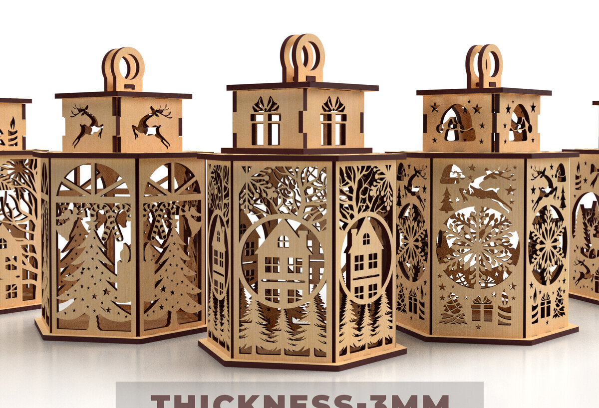 Σετ των 2 Intra απο ξύλο plywood 3mm-4mm πάχος – Πακέτο κοπής με λέιζερ Χριστουγεννιάτικου φαναριού Δίασταση  20x20 cm INTRAFABR-83637790