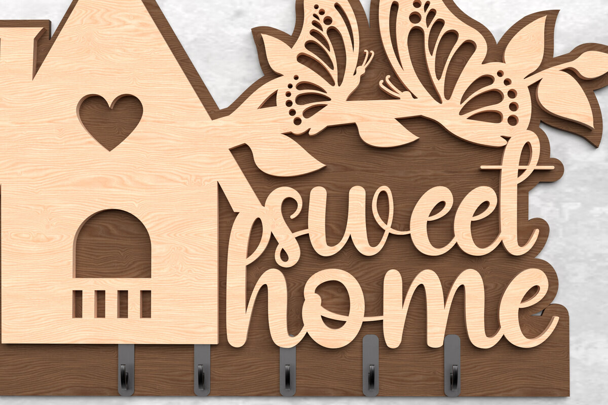 Σετ των 2 Intra απο ξύλο plywood 3mm-4mm πάχος – Sweet Home Key Holder Cut Laser Δίασταση  20x20 cm INTRAFABR-117701824