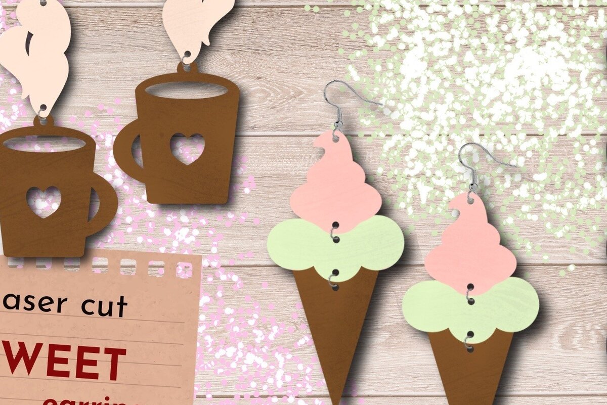 Σετ των 3 Intra απο ξύλο plywood 3mm-4mm πάχος – Sweets Earrings, Coffee Δίασταση  5x5 cm INTRAFABR-61189203