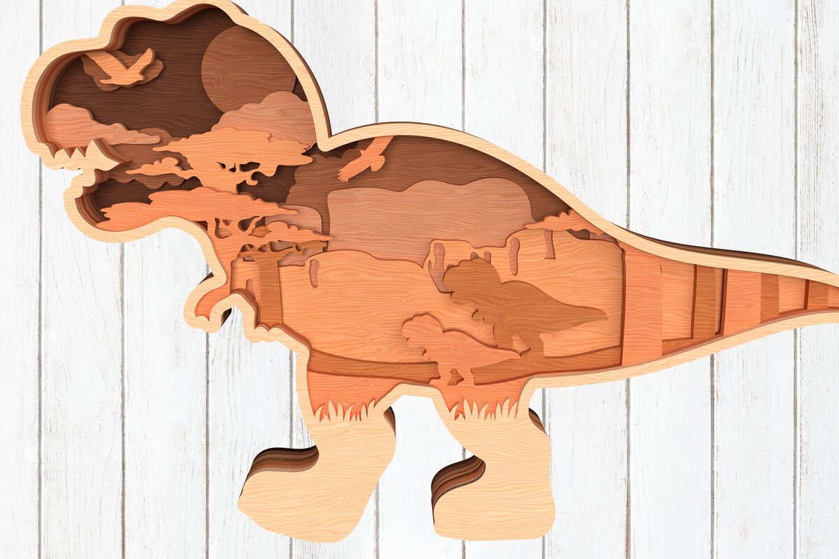Σετ των 2 Intra απο ξύλο plywood 3mm-4mm πάχος – T-Rex Dinosaur 3D Layered Δίασταση  20x20 cm INTRAFABR-119557788