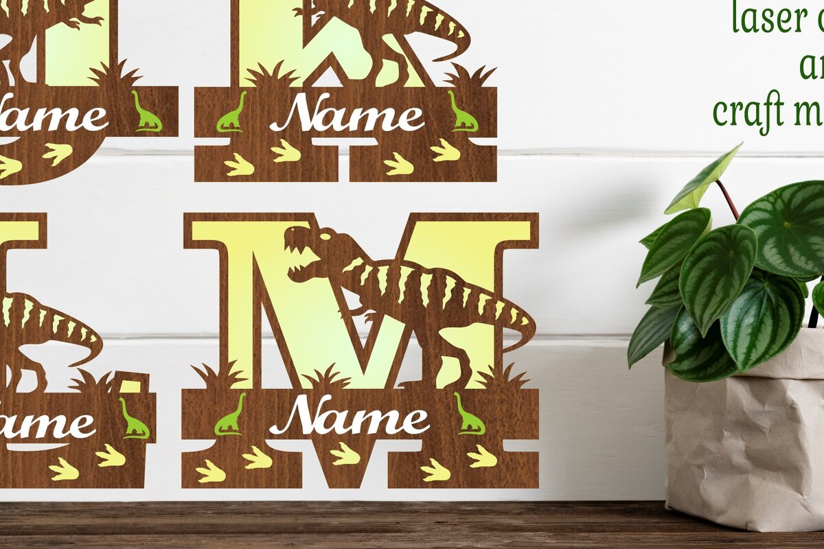 Σετ των 2 Intra απο ξύλο plywood 3mm-4mm πάχος – Σημάδια ονόματος δέσμης γραμμάτων μονογράμματος T Rex Δίασταση  20x20 cm INTRAFABR-74808762