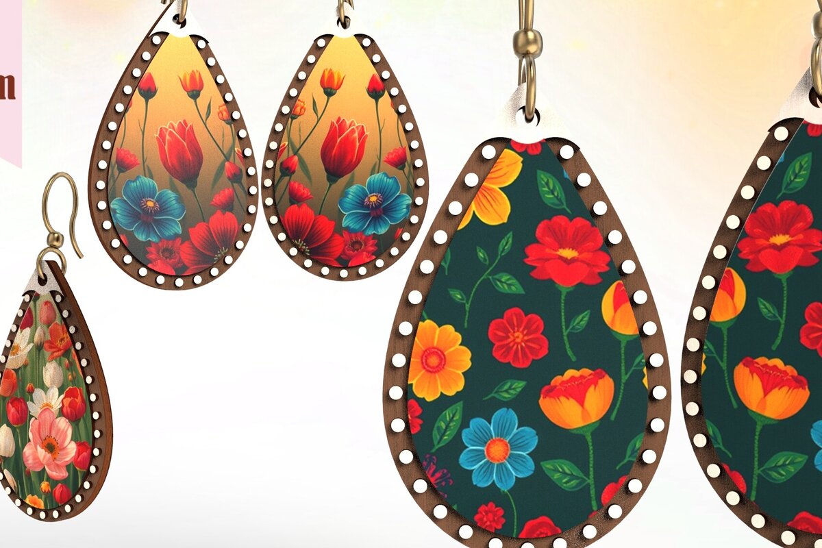 Σετ των 3 Intra απο ξύλο plywood 3mm-4mm πάχος – Σκουλαρίκια δάκρυ Floral Engravung με λέιζερ Δίασταση  5x5 cm INTRAFABR-123290828