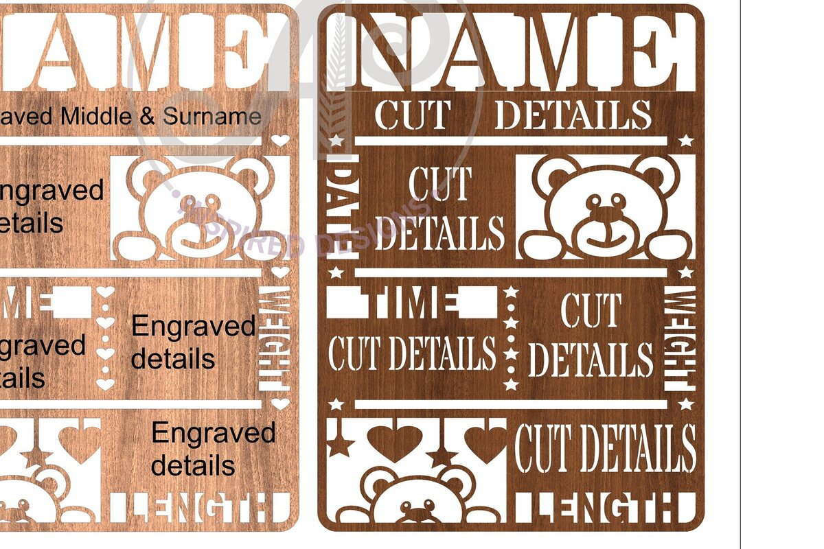 Σετ των 2 Intra απο ξύλο plywood 3mm-4mm πάχος – Teddy Bear Baby Stats, Πλακέτα γέννησης Δίασταση  20x20 cm INTRAFABR-67520664