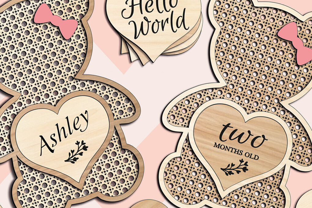 Σετ των 2 Intra απο ξύλο plywood 3mm-4mm πάχος – Teddy Bear Rattan Baby Milestone Heart Δίασταση  20x20 cm INTRAFABR-103440768