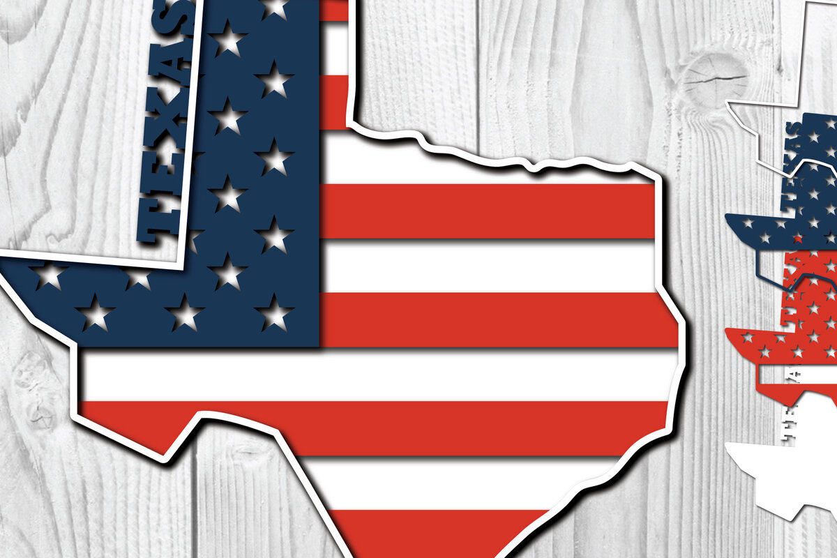 Σετ των 2 Intra απο ξύλο plywood 3mm-4mm πάχος – Κόψιμο χαρτιού Texas USA 3d Flag Δίασταση  20x20 cm INTRAFABR-65211312