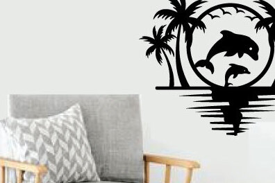 Σετ των 2 Intra απο ξύλο plywood 3mm-4mm πάχος – The Dolphin Laser Beach Scene Metal Δίασταση  20x20 cm INTRAFABR-75696315