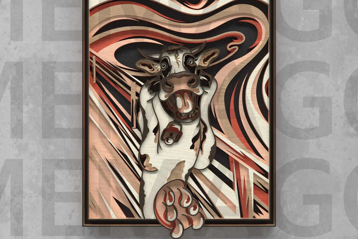 Σετ των 2 Intra απο ξύλο plywood 3mm-4mm πάχος – The Moo Scream, Cow Parody Art Δίασταση  20x20 cm INTRAFABR-121409301