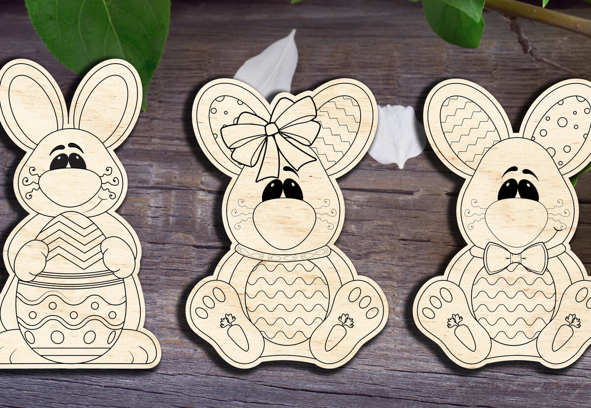 Σετ των 2 Intra απο ξύλο plywood 3mm-4mm πάχος – Τρία πασχαλινά κουνελάκια Δίασταση  20x20 cm INTRAFABR-29872907