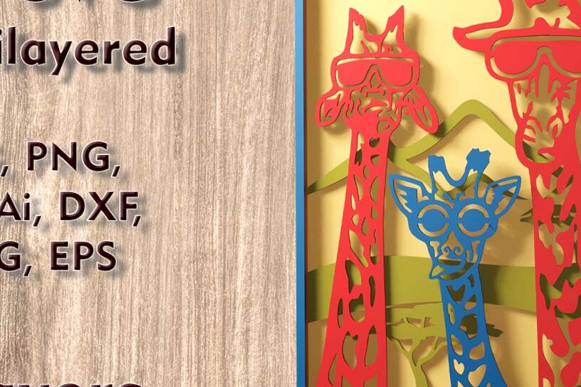 Σετ των 2 Intra απο ξύλο plywood 3mm-4mm πάχος – Αρχεία πολλαπλών επιπέδων 3D Three Giraffes Δίασταση  20x20 cm INTRAFABR-109489489