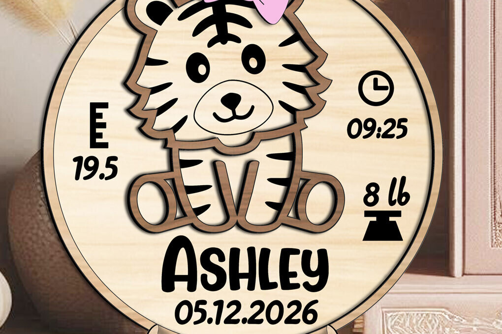 Σετ των 2 Intra απο ξύλο plywood 3mm-4mm πάχος – Tiger Baby Announcement Round Board Δίασταση  20x20 cm INTRAFABR-117940958