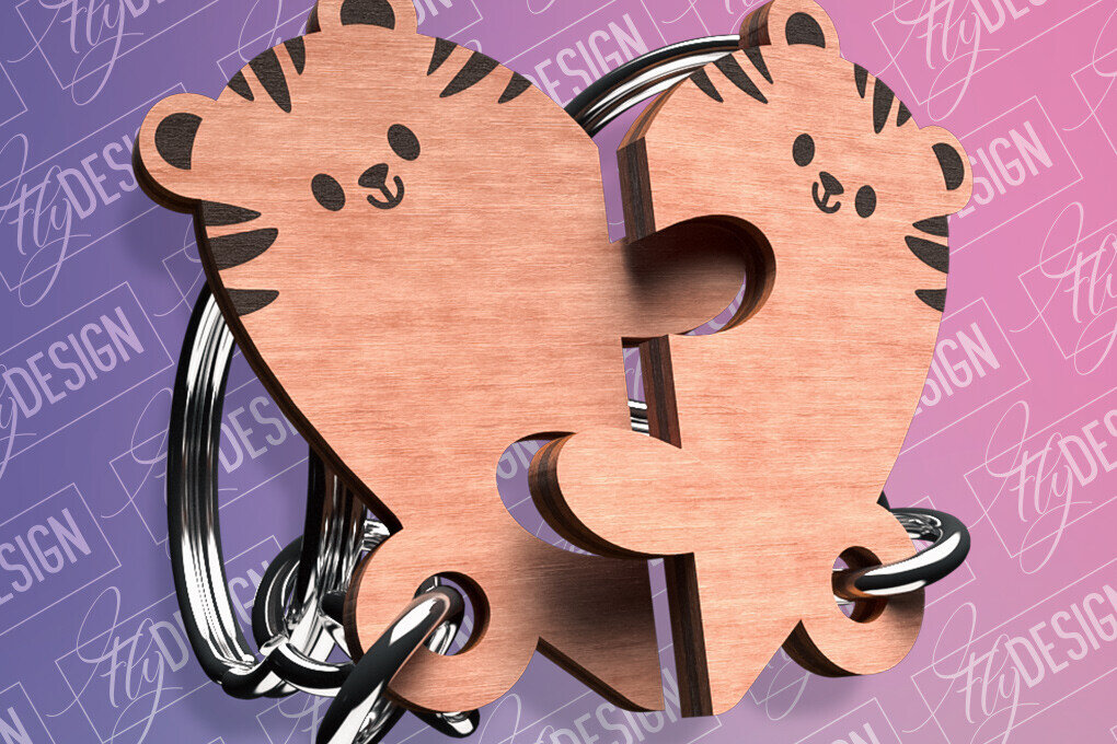 Σετ των 3 Intra απο ξύλο plywood 3mm-4mm πάχος –  κοπής με λέιζερ μπρελόκ Tiger Couple Δίασταση  5x5 cm INTRAFABR-82391967