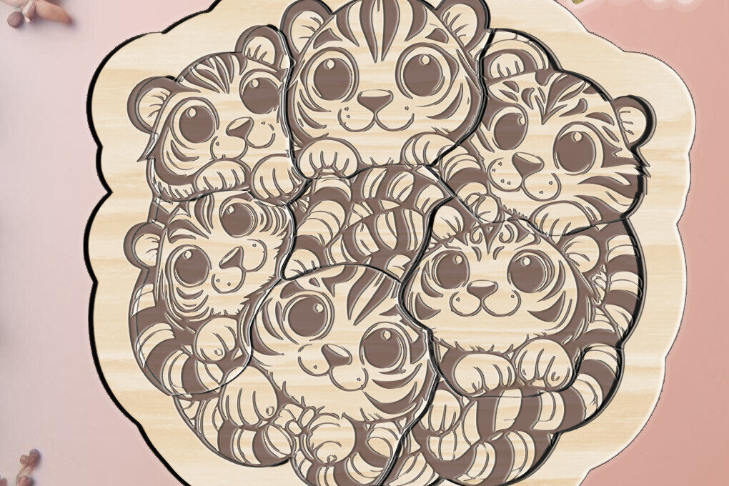 Σετ των 2 Intra απο ξύλο plywood 3mm-4mm πάχος – Αρχείο κοπής με λέιζερ για παιδιά Tiger Puzzle Δίασταση  20x20 cm INTRAFABR-107631662