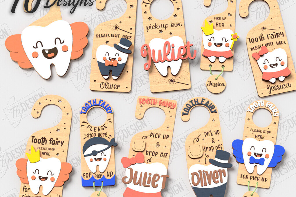 Σετ των 2 Intra απο ξύλο plywood 3mm-4mm πάχος – Δέσμη κοπής με λέιζερ κρεμάστρα πόρτας Tooth Fairy Δίασταση  20x20 cm INTRAFABR-122888677