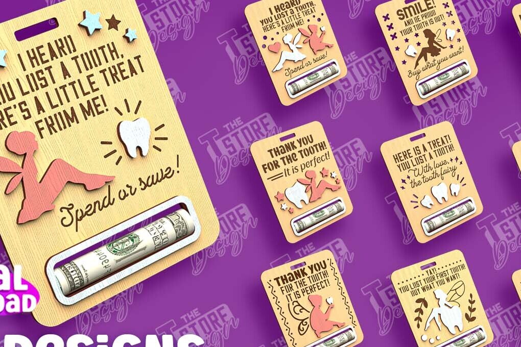 Σετ των 2 Intra απο ξύλο plywood 3mm-4mm πάχος – Πακέτο κοπής με λέιζερ κάρτας Tooth Fairy Money Δίασταση  20x20 cm INTRAFABR-97087429