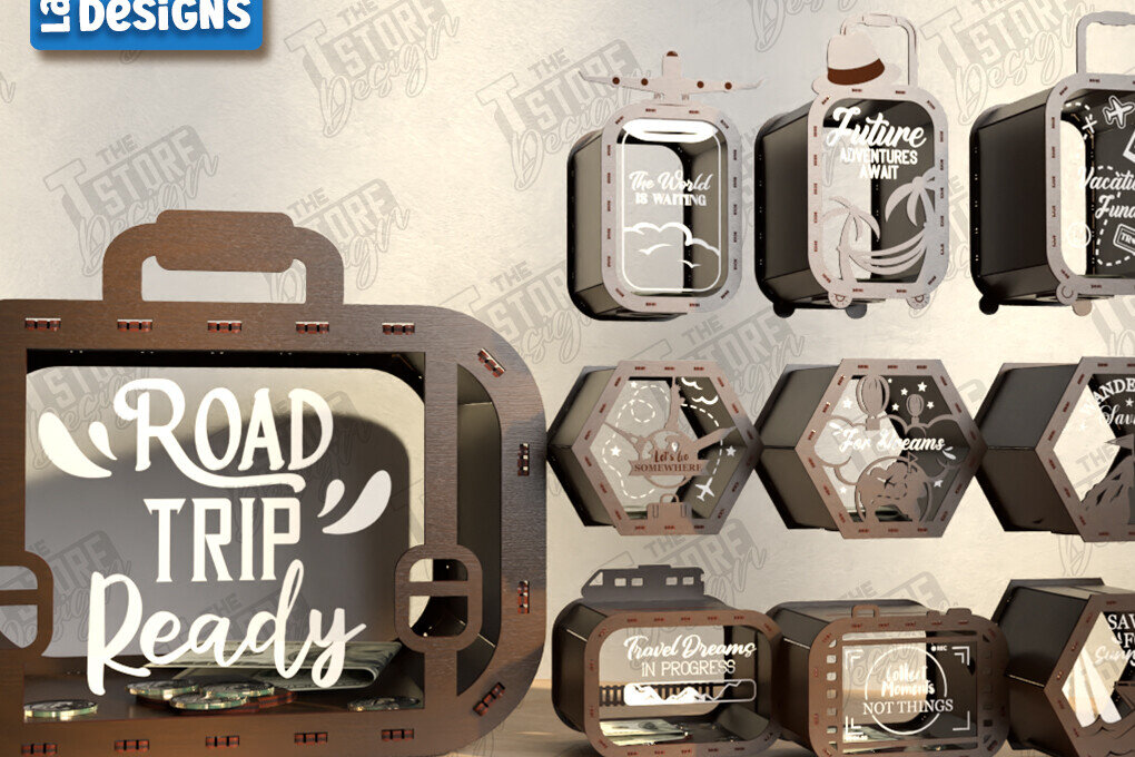 Σετ των 2 Intra απο ξύλο plywood 3mm-4mm πάχος – Πακέτο κοπής λέιζερ Travel Piggy Bank | CNC Δίασταση  20x20 cm INTRAFABR-122603072