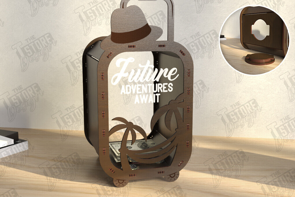 Σετ των 2 Intra απο ξύλο plywood 3mm-4mm πάχος – Travel Piggy Bank | Διακοπές Δίασταση  20x20 cm INTRAFABR-122385152